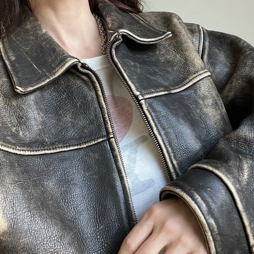 Vintage 90s J. Crew Leather Bomber Jacket Large Brown Worn Distressed Faded - Picture 7 of 12